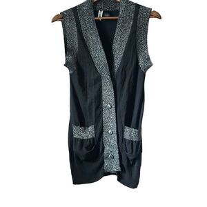 Sleeveless Cardigan Vest Open Front Knit‎ Black Gray Pockets Casual